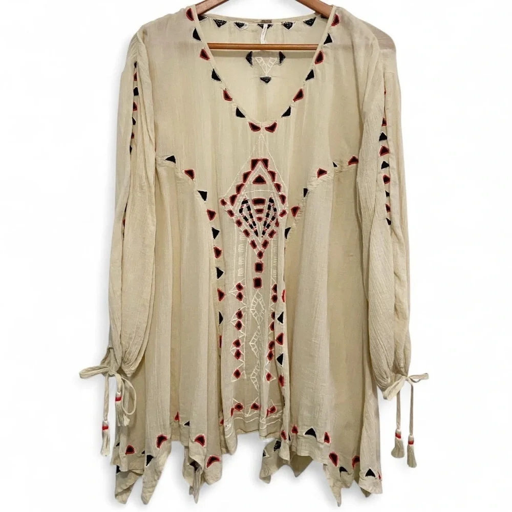 Free People Bohemian Bead Embroidered Cream Tunic Top - Picture 2 of 9